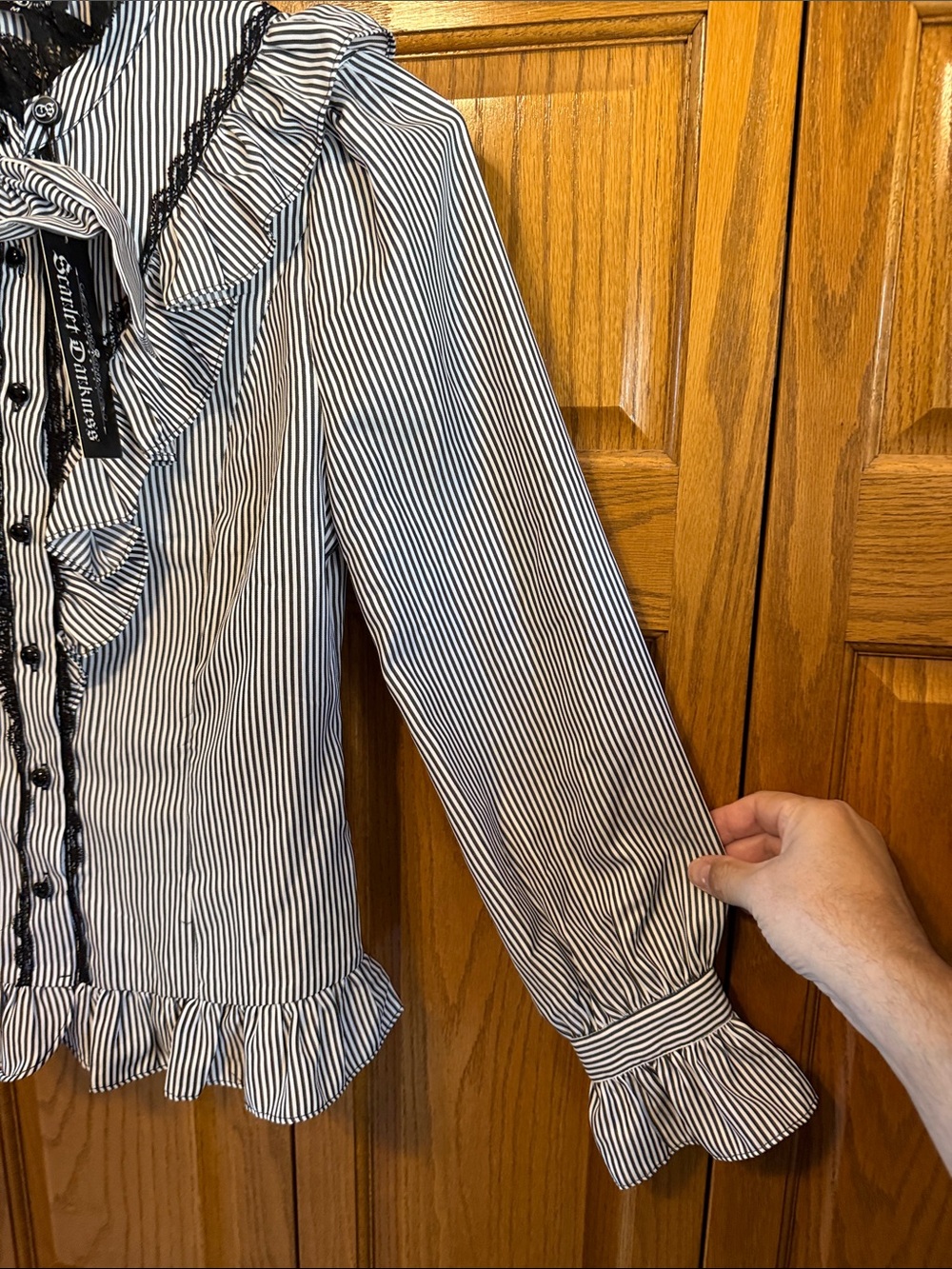 Victorian-Inspired Black & White Stripe Ruffle Button-Down Blouse- Medium-NWT - Picture 9 of 16